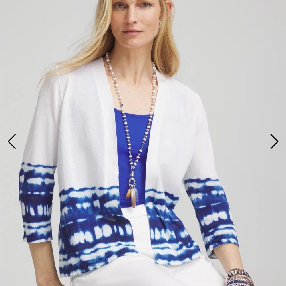 Chico’s Women's White & Blue Tie-Dye Open Cardigan - size 3 (xl)